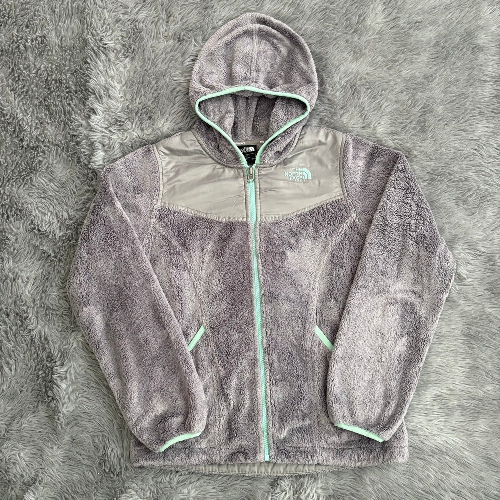 The North Face Soft Hooded Zip Up Jacket Gray Mint Girls Youth Large 14/16